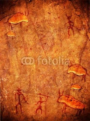 prehistoric cave paint with hunters and animals